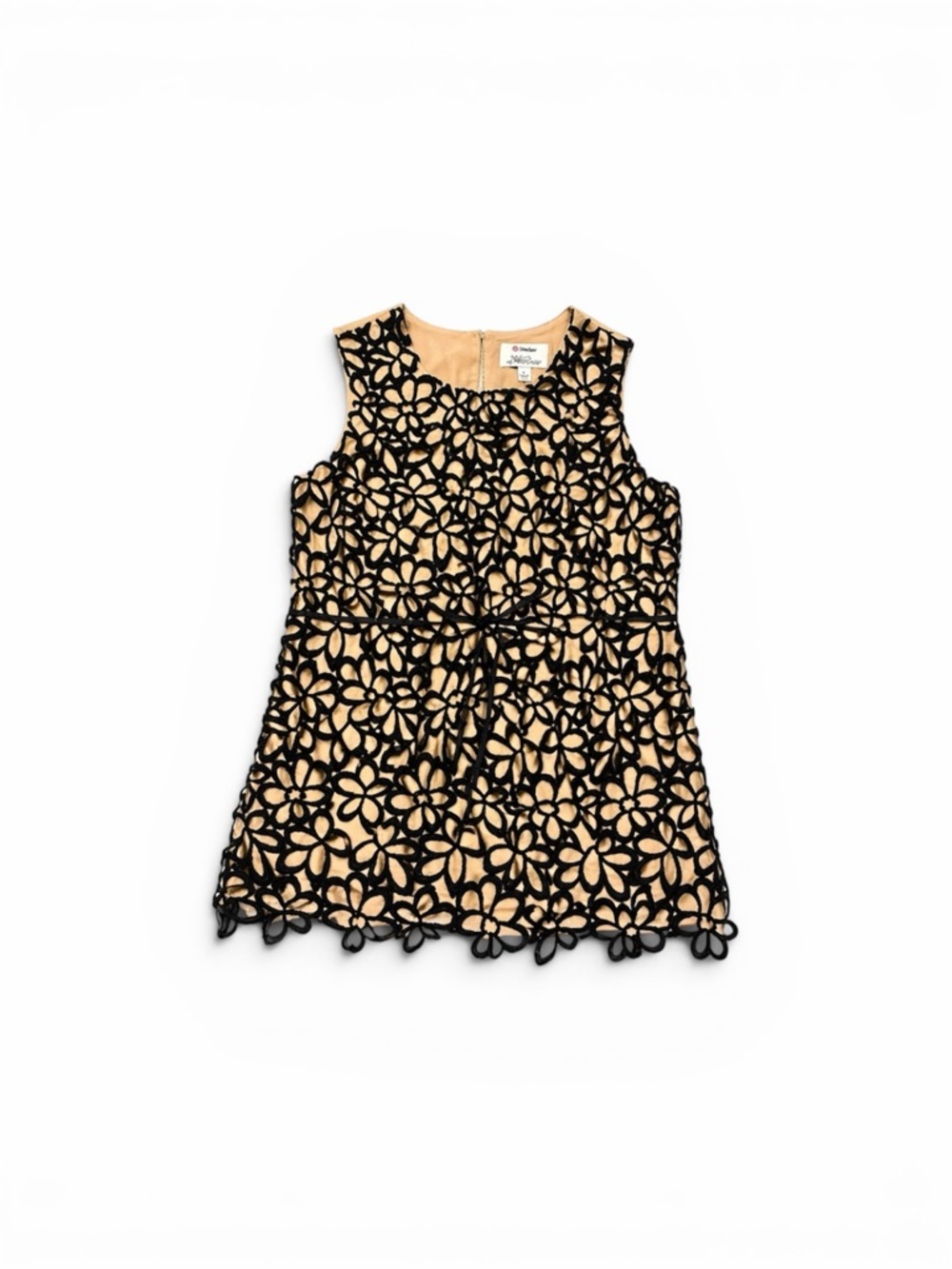 Neiman Marcus Black Floral Lace Sleeveless Top with Waist Tie